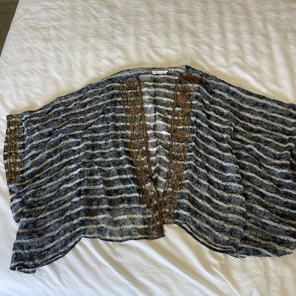 Soft Surroundings Sheer Navy Stripe Gold Beaded sequin cardigan top - Picture 1 of 8